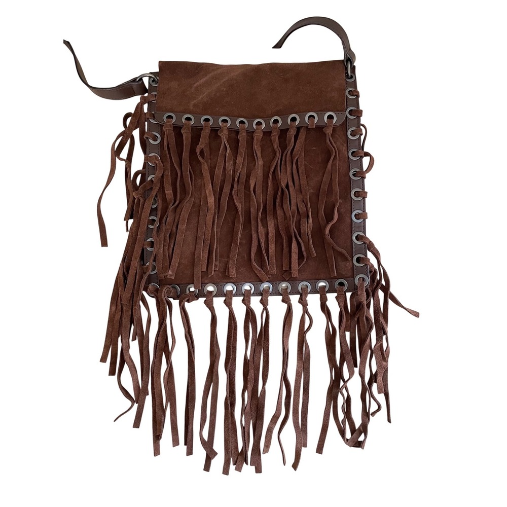 Karen Millen Brown Suede Fringe Crossbody Bag Made in Italy Boho Leather Bag